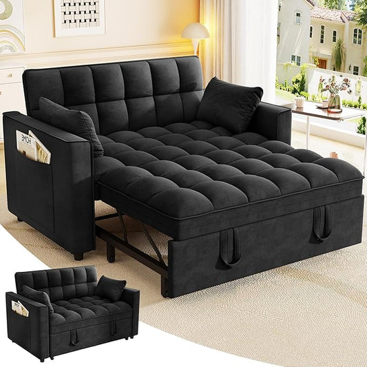 3 in 1 Convertible Sleeper Sofa Bed 52'' Velvet Pull Out Couch Bed with Comfy Pillows &amp Adjustable Backrest/Side PocketsFuton Loveseat Sleeper Sofa for Small Spaces Living Room Bedroom (Black)