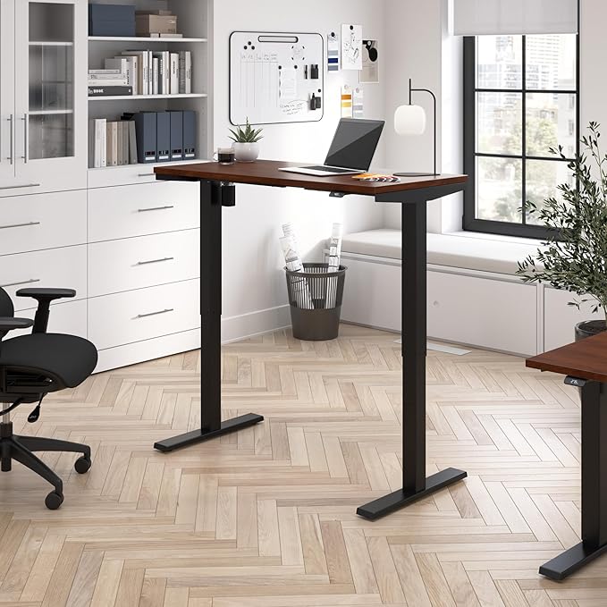 Move 40 Series by Bush Business Furniture 48W x 24D Electric Height Adjustable Standing Desk in Hansen Cherry with Black Base