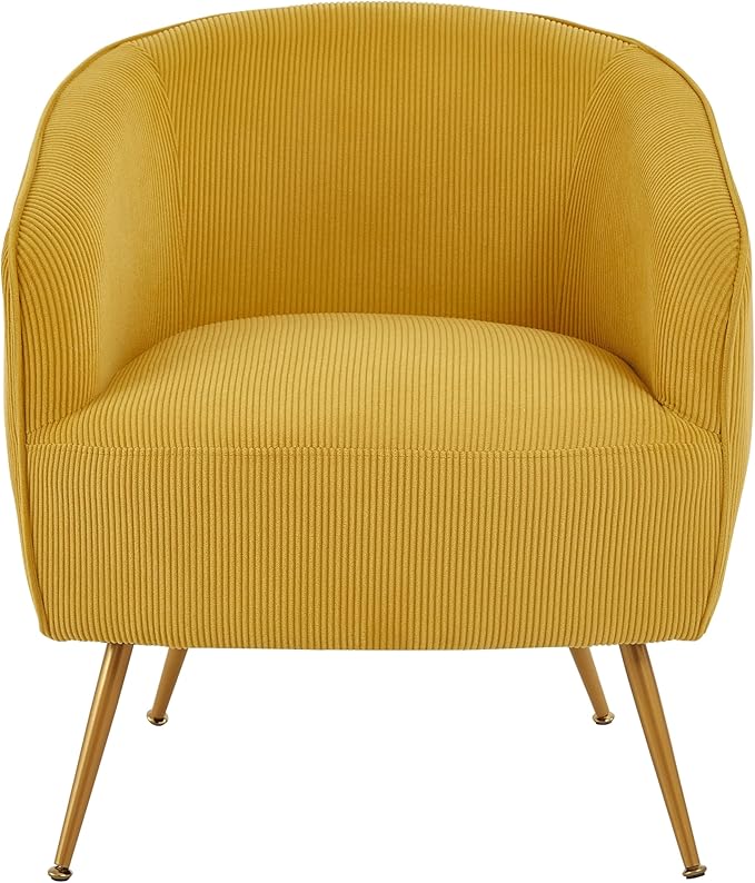 Modern Corduroy Accent Chair with Gold Metal Legs Channel Back Design and Soft Upholstery Comfortable Seating for Living Room Bedroom or Office Yellow