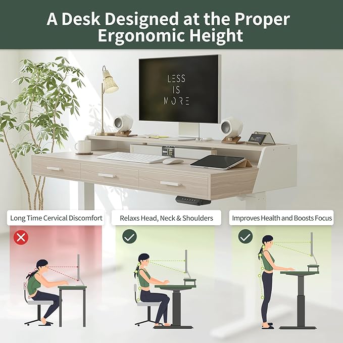 CubiCubi Standing Desk 55x26 Inches with 3 Wood Drawers and Monitor Shelf Ergonomic Rising Home Office Desks Height Adjustable Computer Desk Sit Stand Up Electric Workstation Table Pale Walnut
