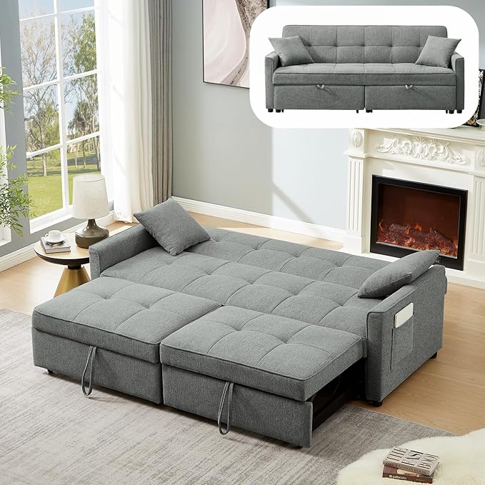 King Size Pull Out Sofa Bed 4-in-1 Convertible Sofa Bed Couch Chenille 3 Seaters Sofa Sleeper with Dual Pull Out Bed &amp Adjustable Backrest for Living Room Gray