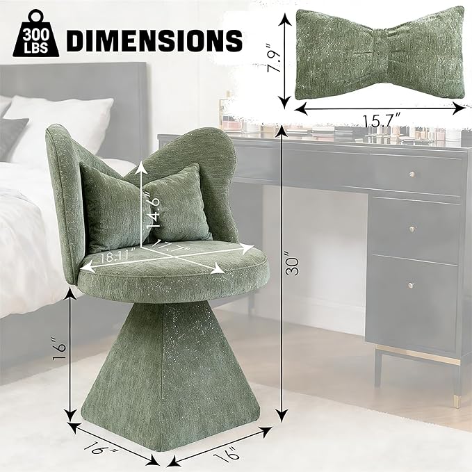 KEIKI Chenille Vanity Chair with Butterfly Back 360° Swivel Armless Accent Chair Upholstered Single Sofa for Living Room Bedroom Dining Vanity Green