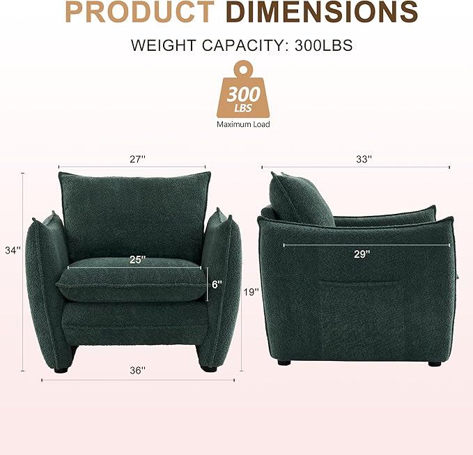 Oversized Accent Chair Modern Single Sofa Cloud Chairs with Removable Pillow Deep Seat Comfy Armchair for Living Room Bedroom Reading Nook - Upholstered Lounge Chair (Green)