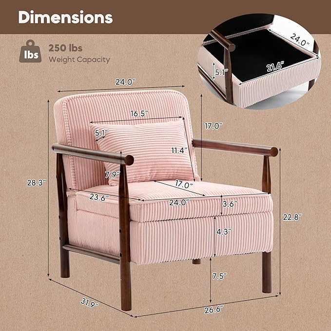 Yoglad Accent Chair with Storage Corduroy Fabric Reading Chair with Wood Frame Mid Century Modern Storage Armchair for Living Room Bedroom Apartment(Light Pink)