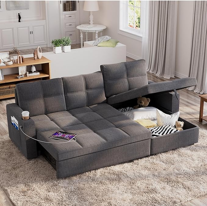 85 inch Sleeper Sofa Couch Bed with Storage ChaisePull Out Couch with USB ChargingSide PocketsConvertible Sectional Sofa for Living RoomApartmentSmall SpacesDark Grey