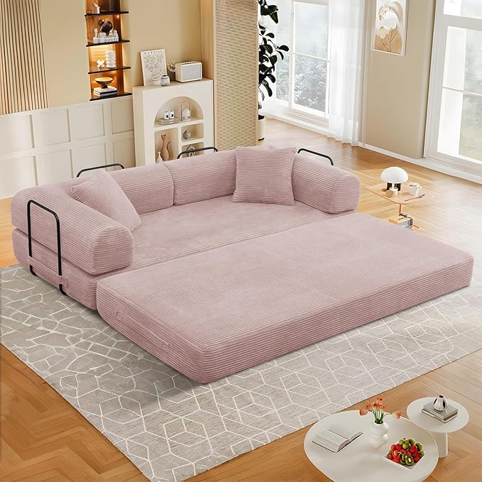 78 Convertible Sleeper Sofa Bed with Cylindrical Pillow Corduroy Folding Mattress Couch with Fixed Frame Floor Sofa Lounge Couch for Living Room Bedroom Apartment Pink
