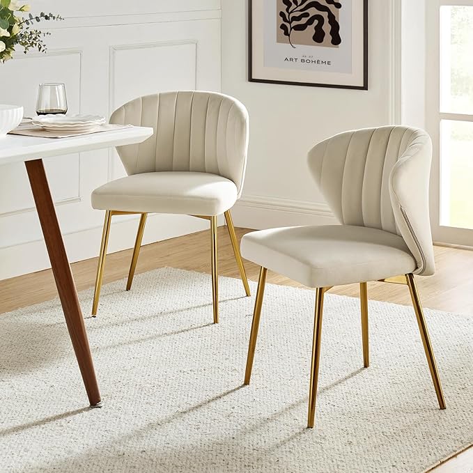 HULALA HOME Dining Chairs Set of 2 Velvet Upholstered Kitchen &amp Dining Room Chairs with Metal Legs Vanity Chair Armless Side Chairs for Living Room Bedroom Restaurant Channel Curved Backrest Tan