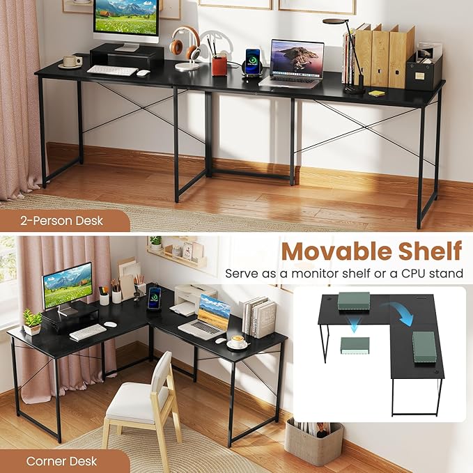Tangkula L-Shaped Computer Desk with Power Outlets 95” Long 2-Person Desk with Monitor Shelf Modern Corner Desk Gaming Table with USB Ports for Home Office