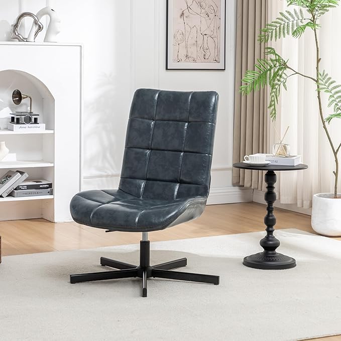 Faux Leather Tufted Swivel Accent Chair – Adjustable Height 360° Rotation Modern 5-Point Metal Base for Home Office &amp Living Room (Blue)