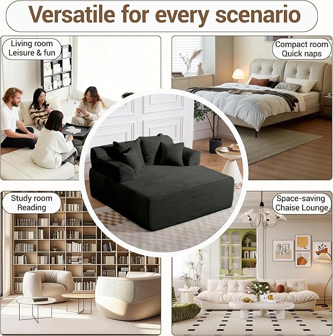 58 Inch Chaise Lounge Chair Indoor Corduroy Boneless Sofa Bed Deep Seat Sleeper Couch Reading Chairs Upholstered Comfy Cloud Sofas Couches for Living Room No Assembly Required Grey