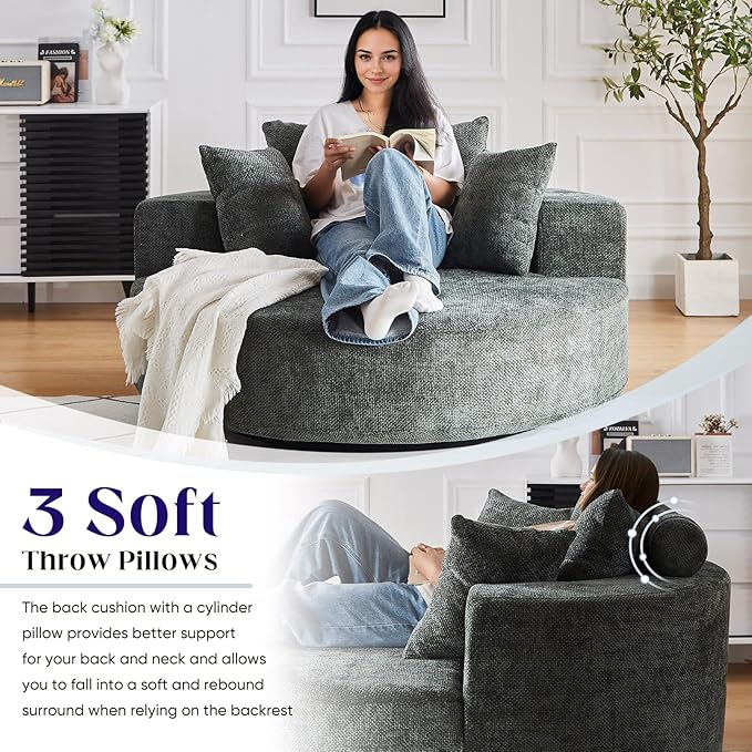 Oversized Round Swivel Chaise Longue Chair Indoor Modern 55-inch 360 Degree Swivel Upholstered Waffle Chenille Deep Seat Circle Single Cloud Sofa Chair for Living Room Bedroom Apartment Office Green