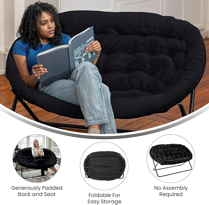 BizChair 56 Portable Folding Double Saucer Chair in Black Faux Fur with a Black Steel Frame for Dorm Living Room or Bedroom