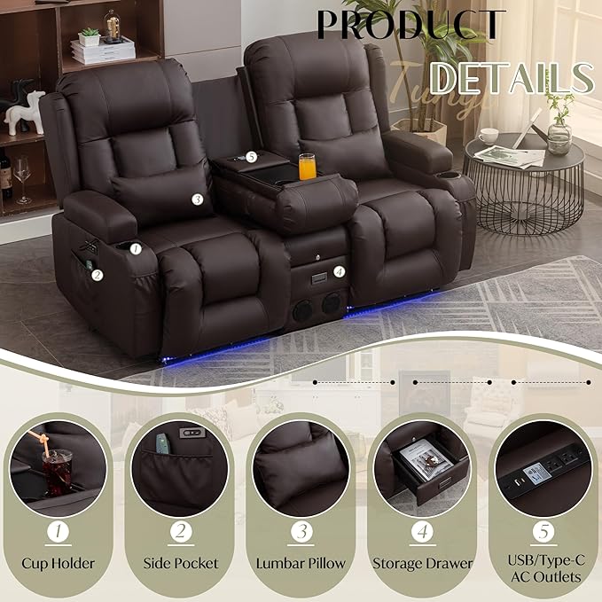 TUNYI Power Loveseat Recliner Sofa Faux Leather Reclining Sofa with Console RV Reclining Loveseat Couch with USB/Outlet/Storage/Side Pocket/LED Light/Speaker (Brown Loveseat)