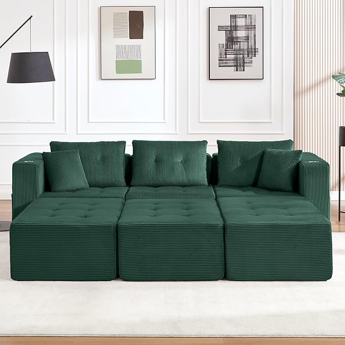 100 Modular Sectional Sofa Bed Oversized 6-Seater Boneless Tufted Cloud Sleeper Couch with Cup Holder and Movable Ottoman Corduroy Upholstery Couches for Living Room No Assembly Green