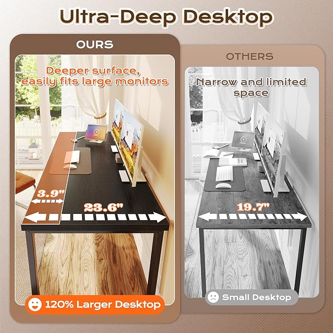 Huuger 63 x 24 inch Desk with Power Outlets &amp USB-C Deeper &amp Thicker Desktop Robust Metal Tubes Computer Desk Heavy Duty Office Desk Work Gaming Desk for Home Office Black