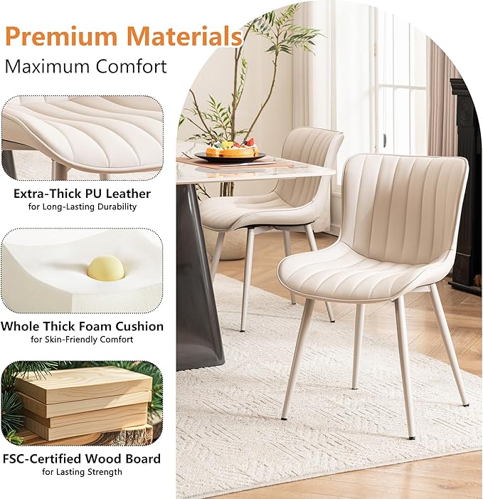 YOUNUOKE Mid-Century Modern Dining Chairs Set of 2 Cream PU Leather Upholstered Kitchen Chairs with Cream Metal Legs Armless Accent Chair for Dining Room Guest Reception Room