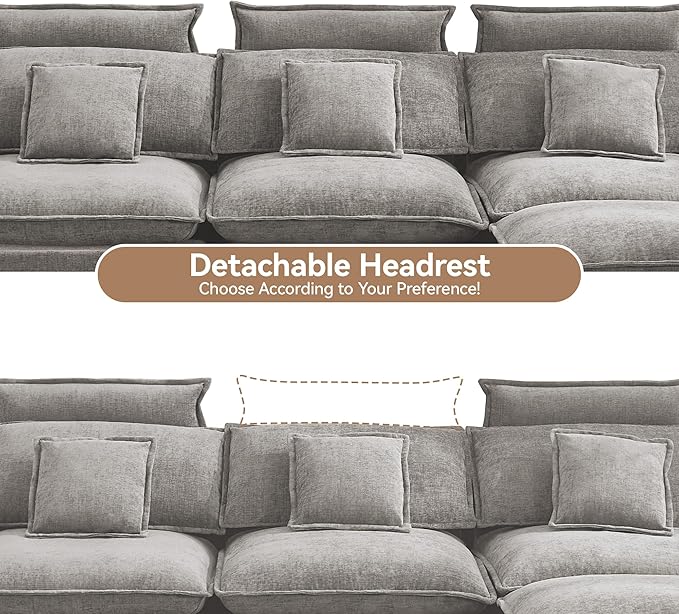 103'' Cloud Modern 3 Seater Couch with Detachable Headrest Modular Sectional Sofa with Ottoman Oversized L Shape Chenille Comfy Sofa with Armrests for Living Room Light Grey