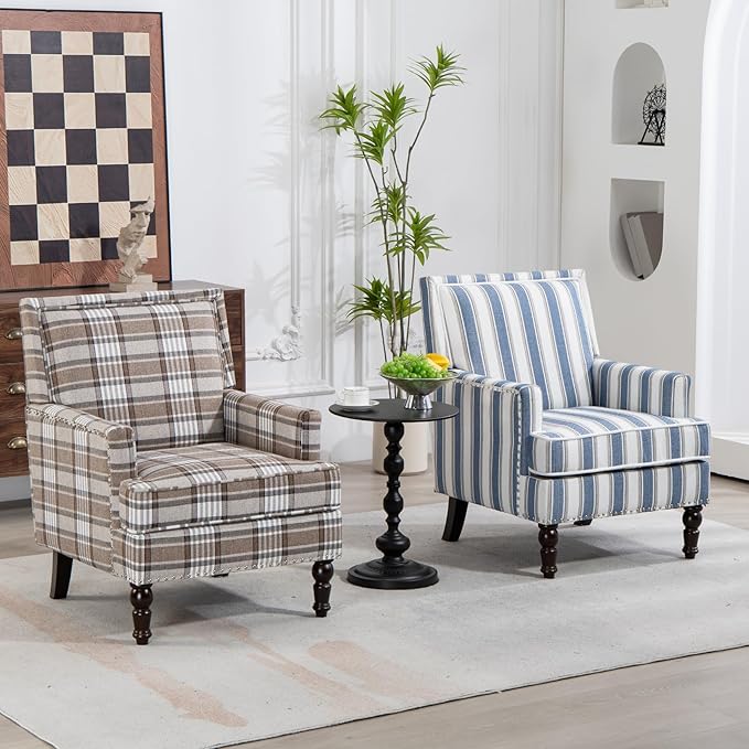 Coastal Style Stripe Accent Chair Mid-Century Upholstered Armchair Single Sofa with Nailhead Trim Wood Legs for Living Room Patio Blue Stripes.