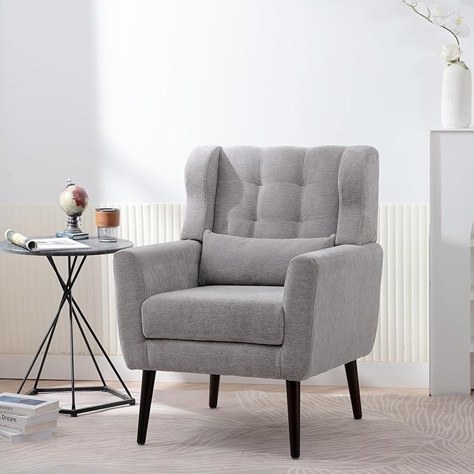 Modern Accent Chair Chenille Fabric Upholstered Tufted Side Chair Wingback ChairMid Century Reading Armchair with Waist Pillow Backrest for Living Room Bedroom (Grey)