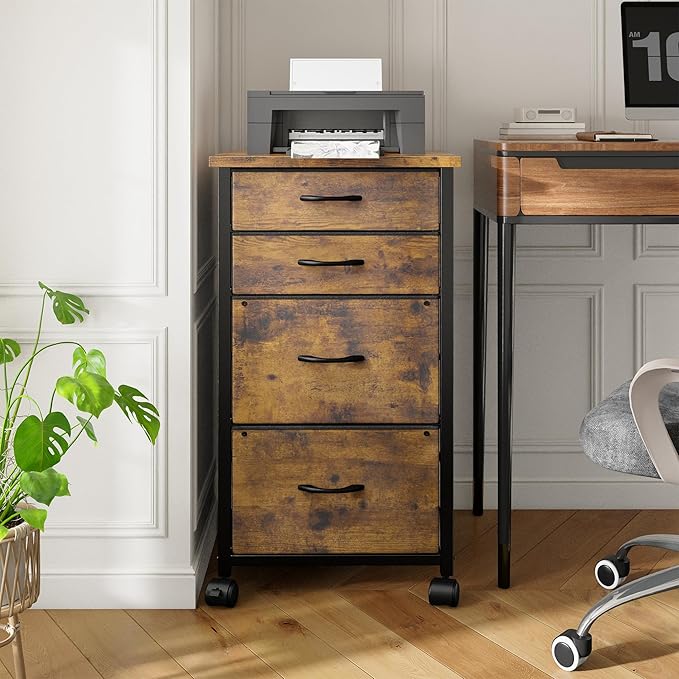 4 Drawers Mobile File Cabinet Vertical Filing Cabinet with Fabric Drawer Fits A4/Letter Size Printer Stand for Home OfficeRustic Brown