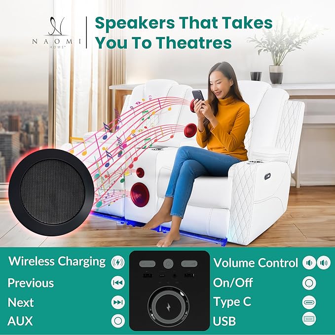Chicago Home Theater Loveseat Recliner with Bluetooth Speakers LED Lights Wireless Charging Storage Console &amp Cup Holders - White