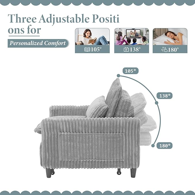 3-in-1 Convertible Corduroy Sleeper Chair – Plush Pull-Out Sofa Bed with Adjustable Backrest Compact Recliner Lounge Chair with 360° Rotating Side Table Perfect for Small Spaces Gray