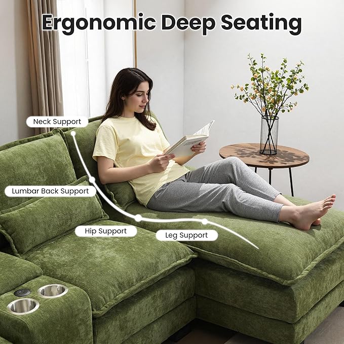 125 U Shaped Cloud Modular Sectional Couch for Living Room Small Comfy Chenille Sofa with Double Chaise Lounge Storage Central Console Cup Holders USB PortGreen