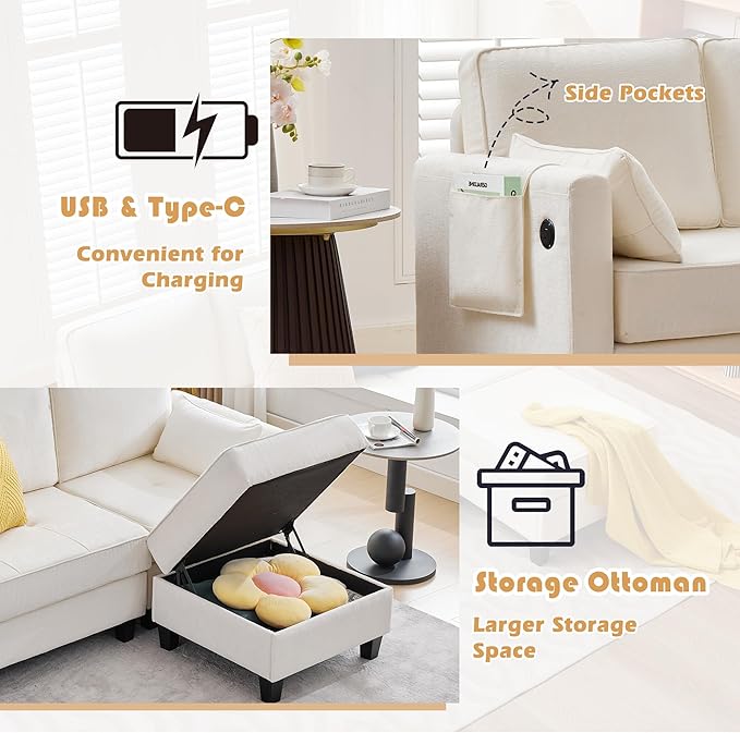Small Sectional Couches with Storage 80 L Shaped Sectional Couch with Chaise &amp Ottoman Modular Corduroy Chenille Sofa with USB Ports&ampPocket for Living Room Apartment Office (Chenille White)