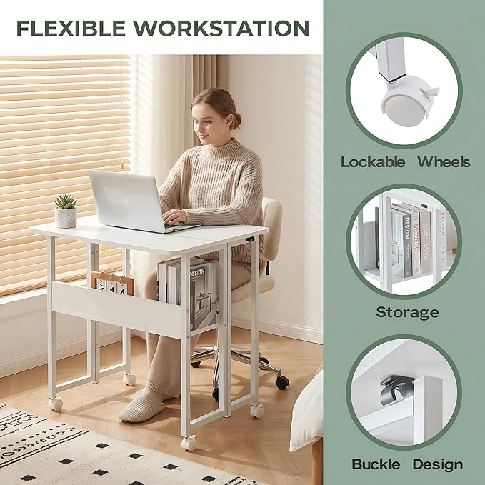 Mobile Small Rolling Computer Desk Folding Laptop Cart Table with Wheels Portable Foldable Desk for Small Spaces Compact Rolling Office for Couch Bed Study Home (White31.5L × 22.9W × 29.53H)