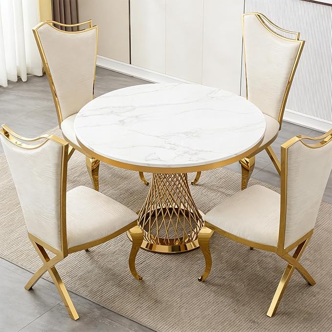 Luxrious Dining Chairs Set of 2 PU Leather Accent Chairs with Shiny Golden Stainless Steel Legs &amp Cushion SeatModern Kitchen Chairs White with High Back for Living Room Meeting Room Dining Room