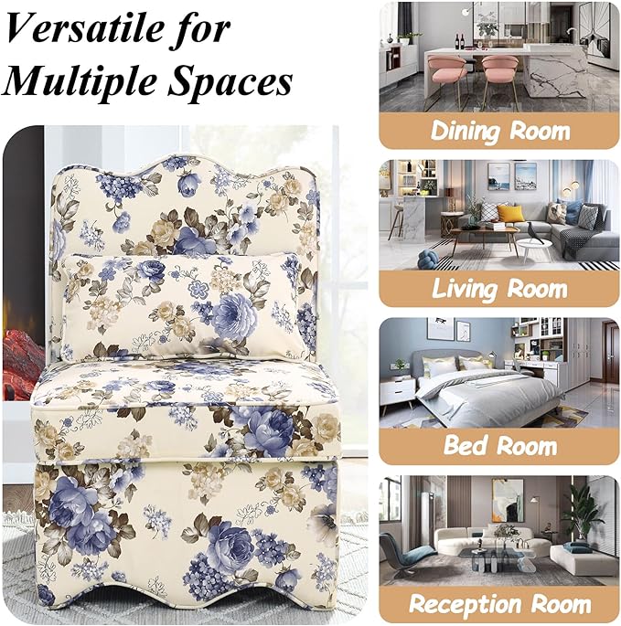 Floral Accent Chair Comfy with Pillow Armless Accent Chair for Bedroom Slipper Chair with Soft Seat Cushion and Backrest Side Chairs for Living Room Flannel Fabric Wave-Shaped (Blue)