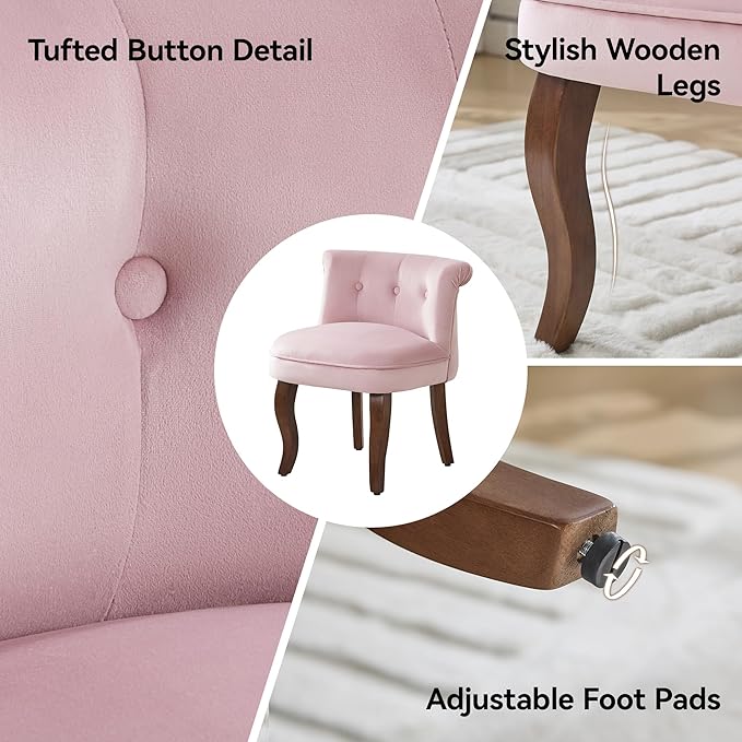 Velvet Tufted Vanity Chair with Back Upholstered Mid Century Vanity Stool with Solid Wood Legs Small Makeup Chair for Vanity Accent Chair for Bedroom Living Room Pink