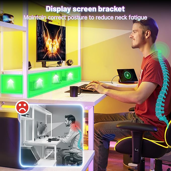 L Shaped Gaming Desk with LED Lights &amp Outlets55 Computer Desk with Shelves &amp Storage HutchReversible Corner Gaming Table with Printer Space &amp Monitor Stand for Game RoomHome OfficeWh