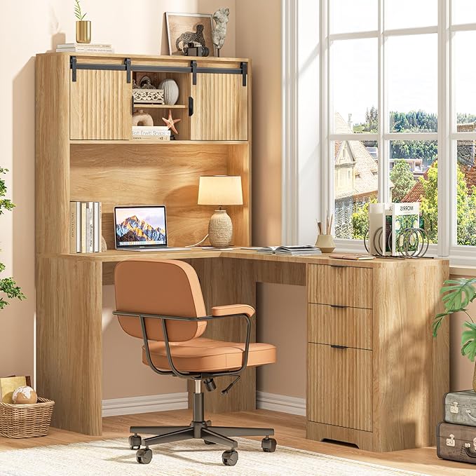 68 L Shaped Fluted Desk with HutchOffice Table with 3 Drawers and Sliding Doors Executive Desk with File Drawers and Charging StationLight Strips Wood Workstation for Home OfficeOak