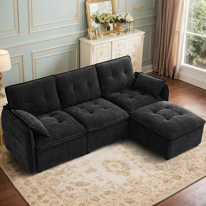Oversized Modular Sectional Sofa with Ottoman 96.5 Inch 3 Seat Deep Seat Chenille Couch Convertible L Shaped Sofa with Pillows Comfy SeatingCouch for Living Room Apartment Office (Black)