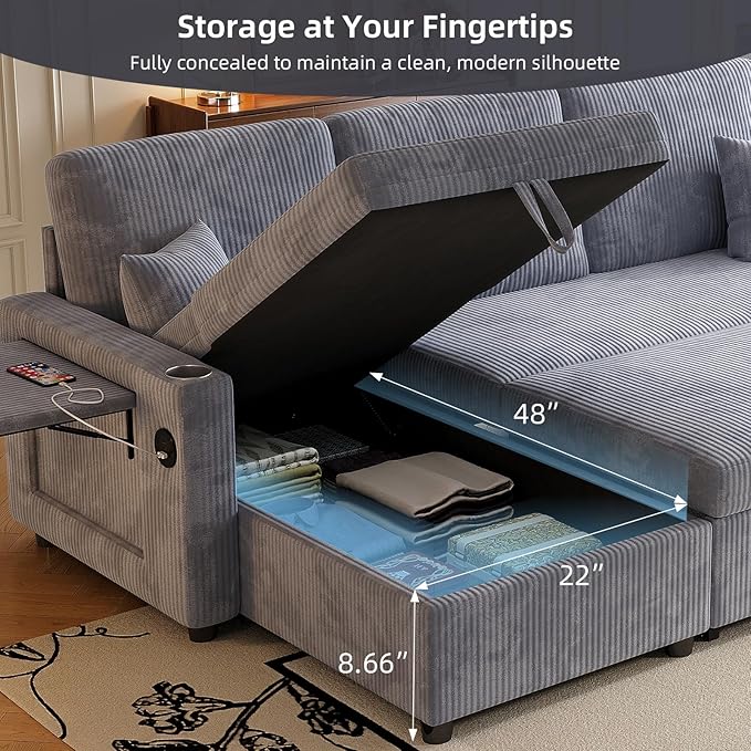L-Shape Sleeper Sofa with Storage &amp Ports Pull-Out Couch Bed with Cup Holders Side Pockets &amp Side Table for Living Room Apartment Grey