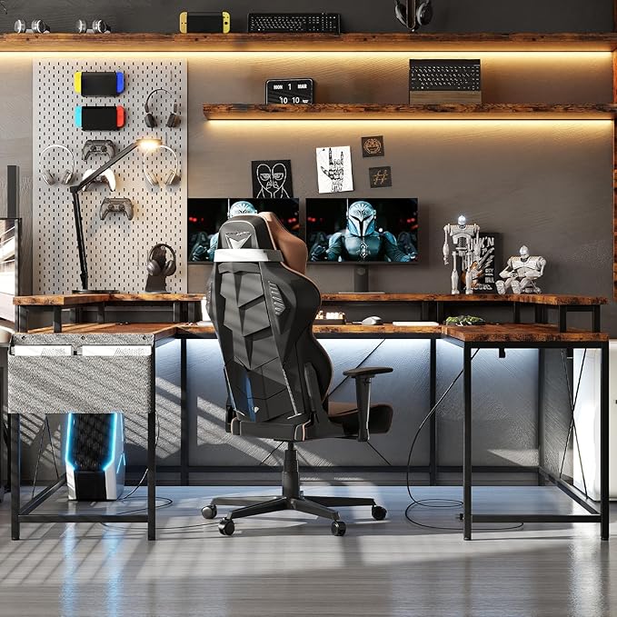 78 Inch Large Computer Desk with Power Outlets &amp USB Ports u Shaped Corner Desk with RGB LED Lights Monitor Stand &amp Storage for Home and Office Brown