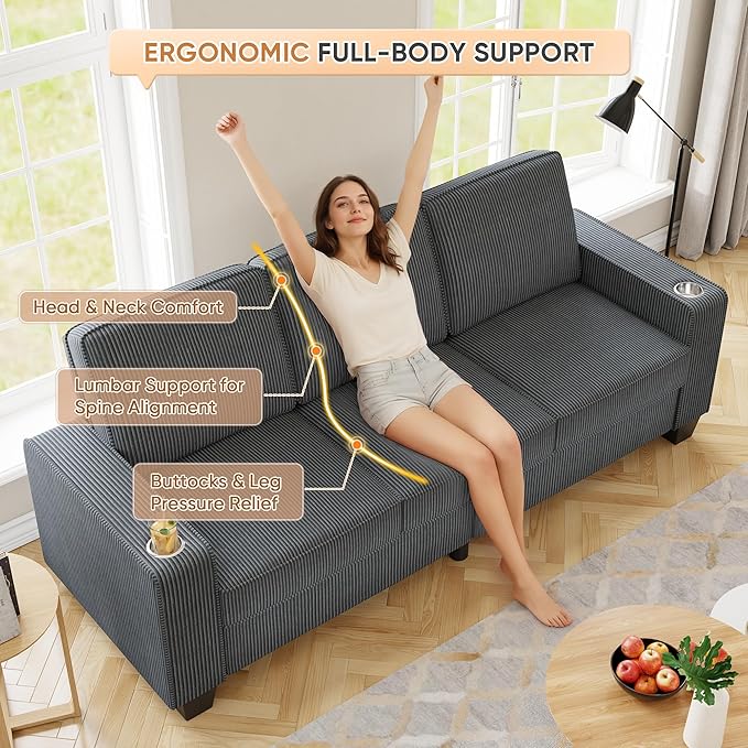 83.86 Corduroy 3-Seater Sofa with Extra Deep Seat Modern Cloud Couch with 2 Cup Holders Comfy Upholstered Sofa for Living Room Apartment &amp Office Grey