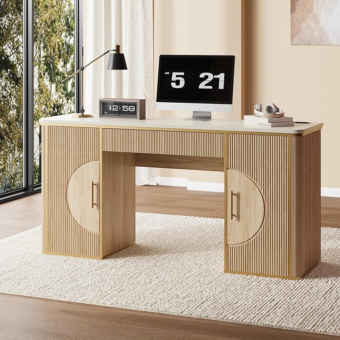 60 Fluted Computer Desk Wooden Long Home Office Writing Desk with Drawer &amp Storage Cabinet Modern Writing Table with Charging Station High Executive Desk for OfficeBedroom Nature Oak