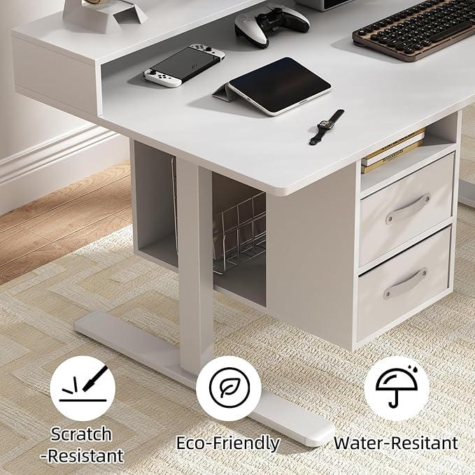 55x24 Inches Standing Desk with Drawers Electric Computer Desk with Open Storage Shelf Stand Up Desk Adjustable Height 28-46 Inches for Home and Computer Workstation White