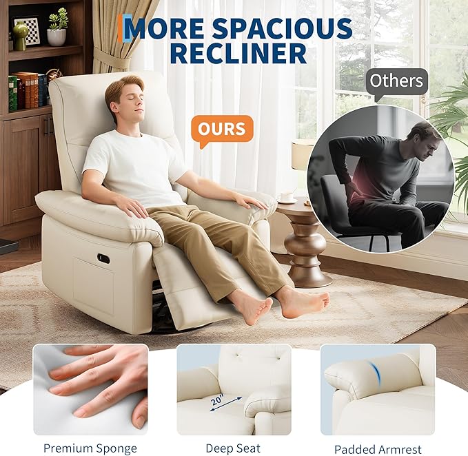 Garvee Power Recliner Chair with 270° Swivel and Rocking Electric Glider Nursery Chair with USB Charging Port PU Leather Upholstery and Button Tufted Backrest for Living Room Cream