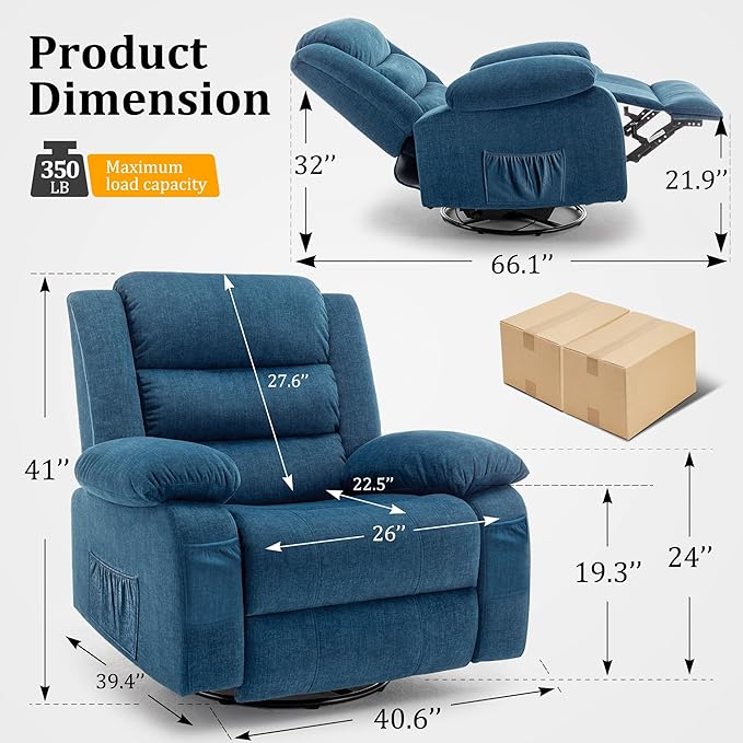 Recliner Chair Wide Rocker Chair Rocking Chair with Massage and Heat360°Swivel Nursery Rocking Chairs Oversized Recliner for Adults Cashmere Reclining Sofa for Living Room Blue