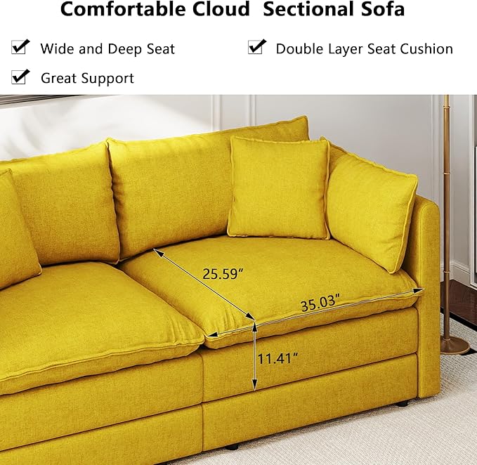 Aoowow Modular Sectional Sofa Modern Convertible L Shaped Couch111.5 Inch Deep 3-Seater Sofas Set Comfy Chenille Cloud Sofas and Couches with Movable Ottoman for Living Room Apartment（Yellow）
