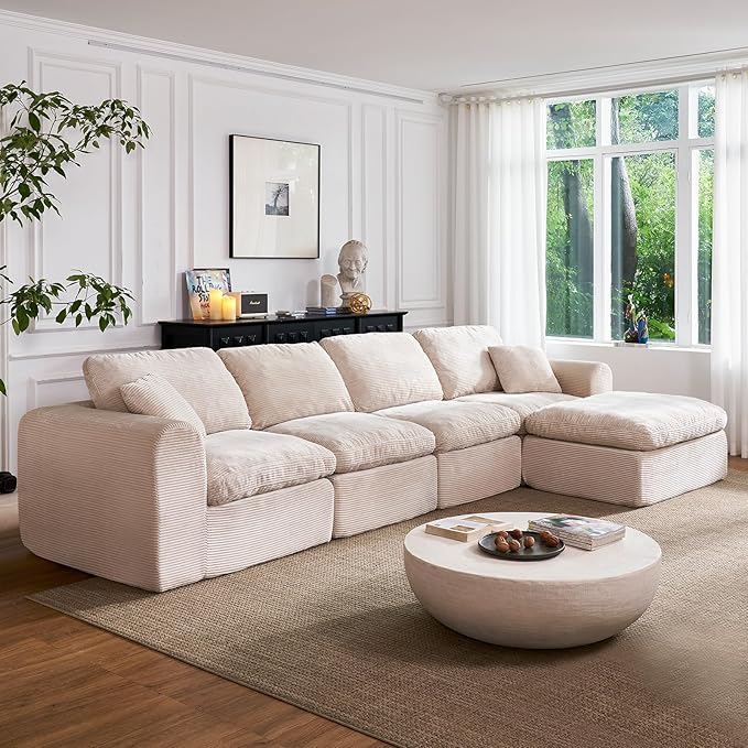 108 Cloud Sectional Couches for Living Room Convertible L-Shape Boneless Couch with Ottoman 4 Seater Modular Cloud Sofa with Deep Seat (Beige3 Seater + 1 Ottoman)