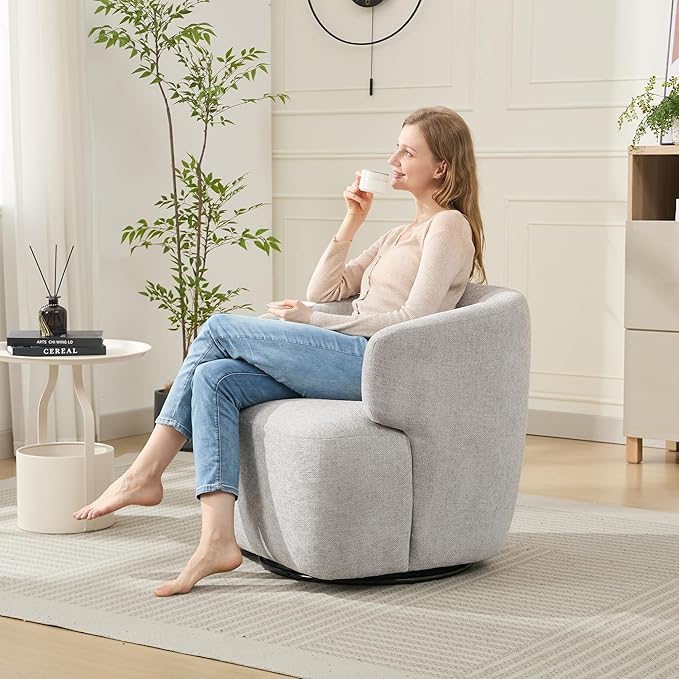 Swivel Accent Chair Chenille Barrel Chair for Living Room Cozy Round Boucle Arm Chair Metal Base for Club Nursery Bedroom Light Grey