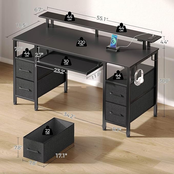 Seventable Computer Desk 55.1 with LED Lights &amp Power Outlets Home Office Desk with 4 Drawers Writing Desk with Keyboard Tray Study De sk with Monitor Stand Work for Home Office Black