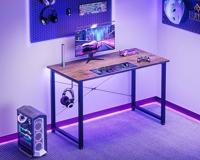 Casaottima 40 Inch Small Computer Desk for Home Office Study Writing Table for Small Spaces Simple Modern Desk with Headphone Hooks Rustic Brown