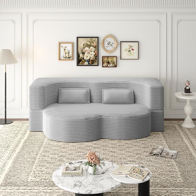 2 in 1 Convertible Folding Sofa Bed Plush Corduroy Lazy Lounge Sofabed Foam Folding Floor Sofa Bed 78 Full Size Memory Foam Couch for Living Room Guestroom No Assembly Sofabed (Light Grey)