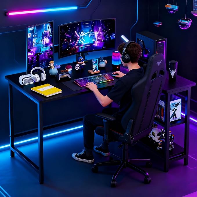 43Inch Corner Computer Desk Gaming Desk with Reversible Storage Shelves Left/RightSmall L Shaped Desk with 2-Tier Shelves &amp Adjustable Feet Pad for Home Office Gaming (43 Inch)