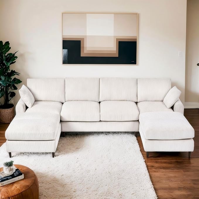 Anwick 126 L-Shaped Modular Sectional SofaModern Corduroy Fabric Sofa Couch with Movable Ottoman4 Seat Convertible Sleeper Sectional Couches for Living Room Home Office (Beige 122 U-6 Seater)